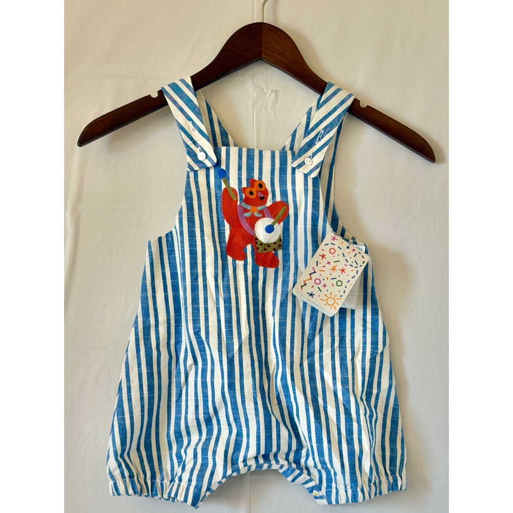 NWT Fabula Baby Striped Embroidered Bear Cotton Shortall Jardineira 12M